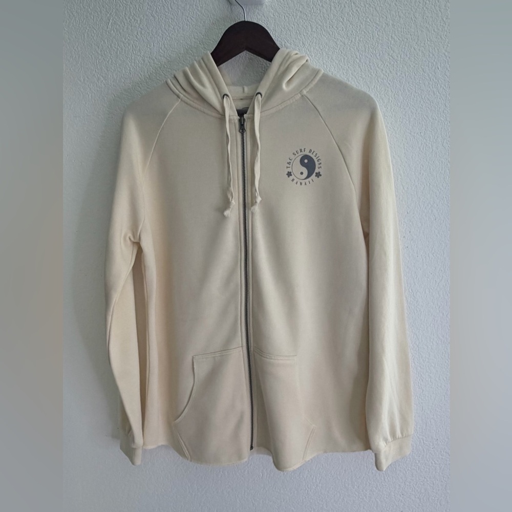 T&C Surf Hawaii Cream Zip-Up Hoodie Sweatshirt with Yin Yang Logo